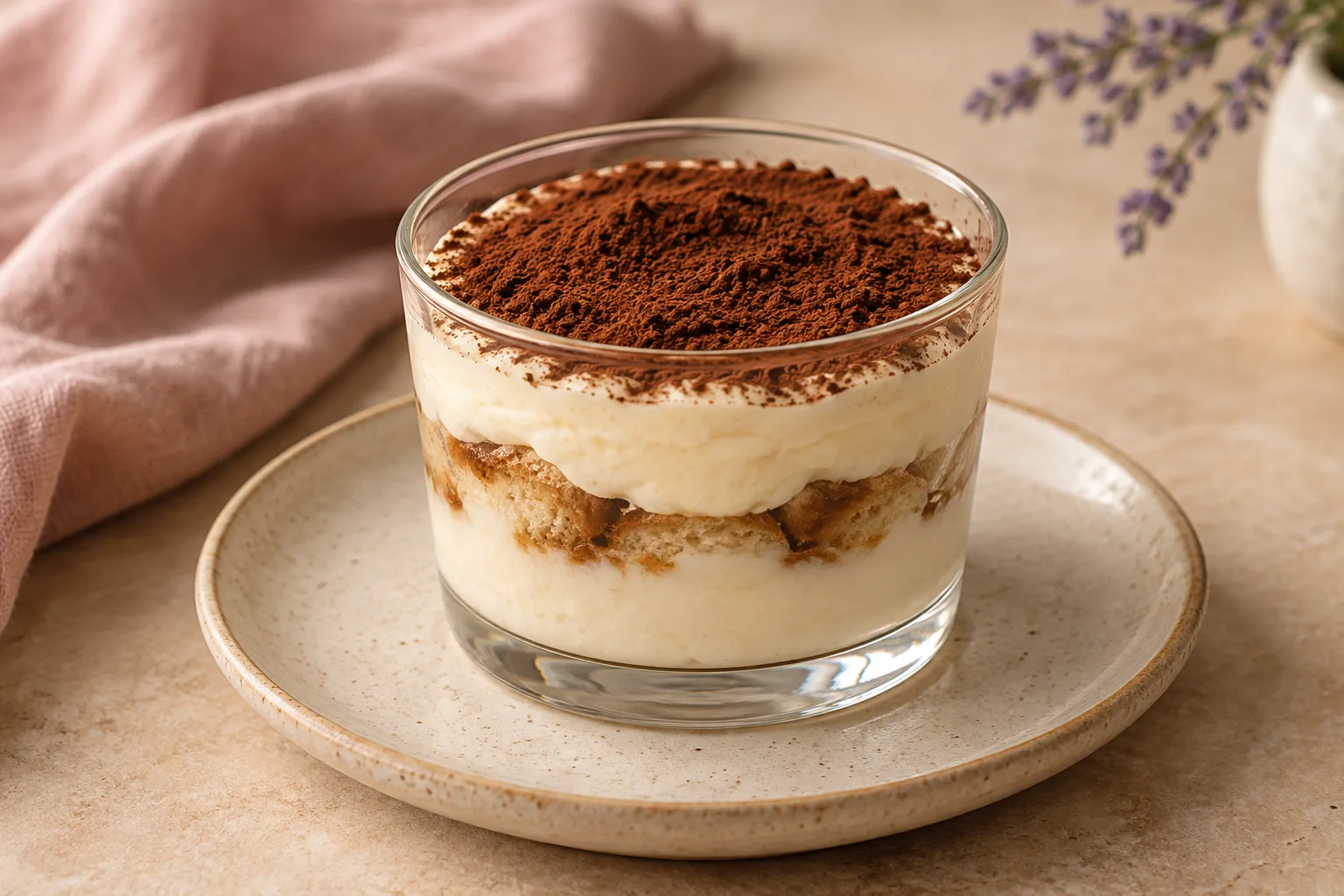 Fehérjés tiramisu pohárkrém világos kerámián tálalva