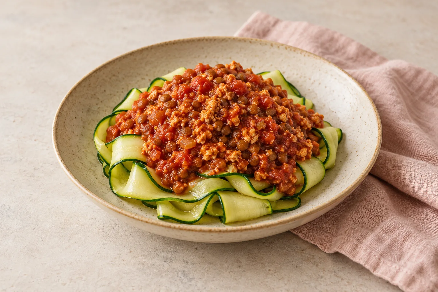 Vöröslencsés-tofus bolognai cukkiniszalaggal