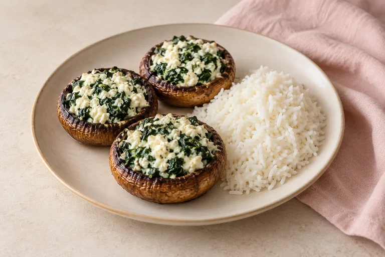 Spenótos cottage cheese-zel töltött gomba rizzsel