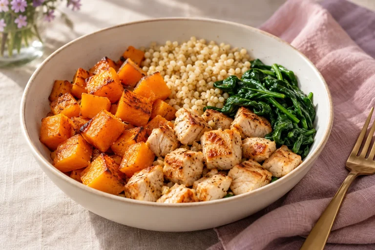Sütőtökös csirkés bulgur spenóttal