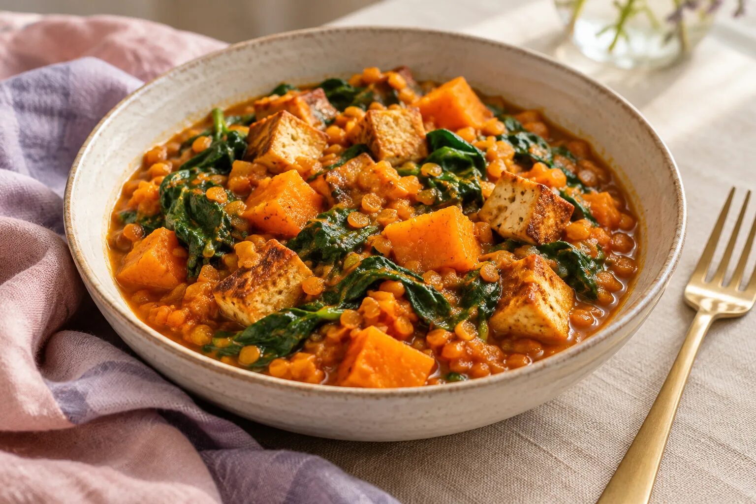 Sütőtökös vöröslencse-ragu pirított tofuval